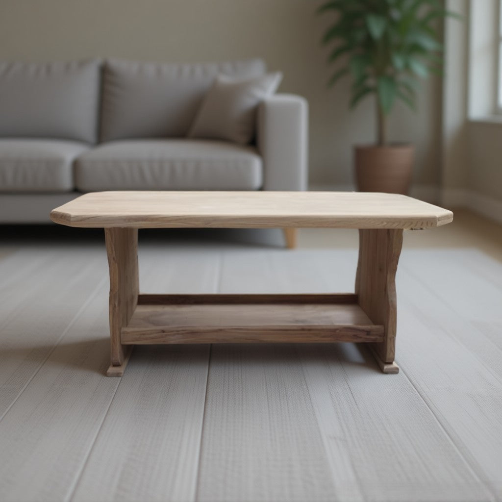 Rustic Wooden Coffee Table – Handmade Solid Wood, Farmhouse Style with Storage Shelf
