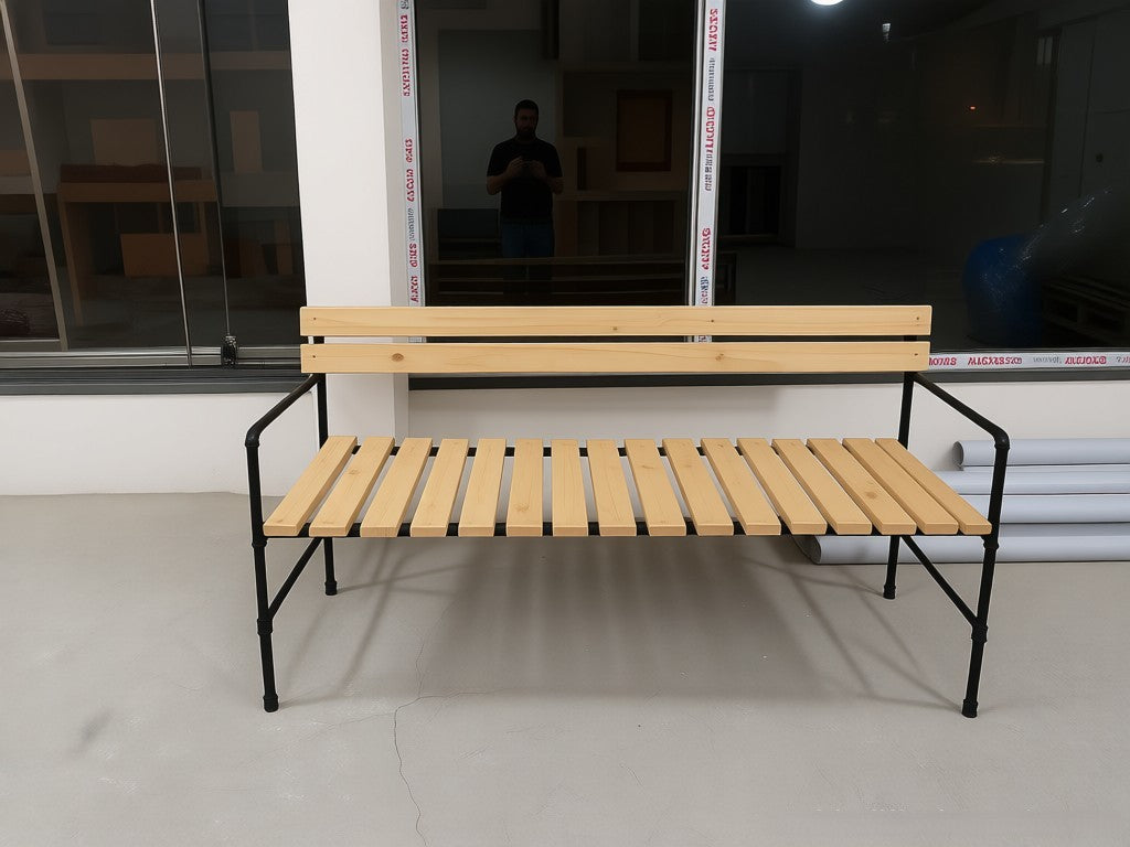 Handmade Rustic Wooden Bench with Backrest - Industrial Pipe Solid Seating Area for Homes and Cafes