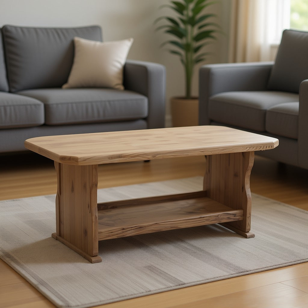Rustic Wooden Coffee Table – Handmade Solid Wood, Farmhouse Style with Storage Shelf