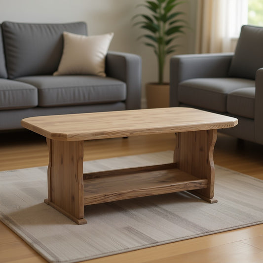 Rustic Wooden Coffee Table – Handmade Solid Wood, Farmhouse Style with Storage Shelf
