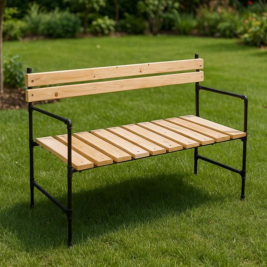 Handmade Rustic Wooden Bench with Backrest - Industrial Pipe Solid Seating Area for Homes and Cafes